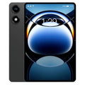 Sleek charcoal grey 10.1-inch tablet with a dual-lens camera and a bright, modern digital clock display.