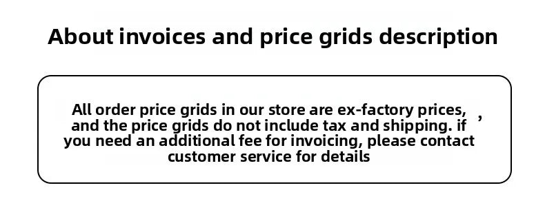 Text graphic explaining that product prices are ex-factory and exclude tax, shipping, and invoicing fees.
