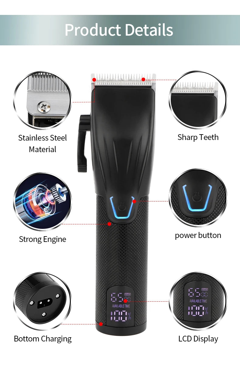 Black rechargeable hair trimmer with stainless steel blades, LCD battery display, power button, and bottom charging.