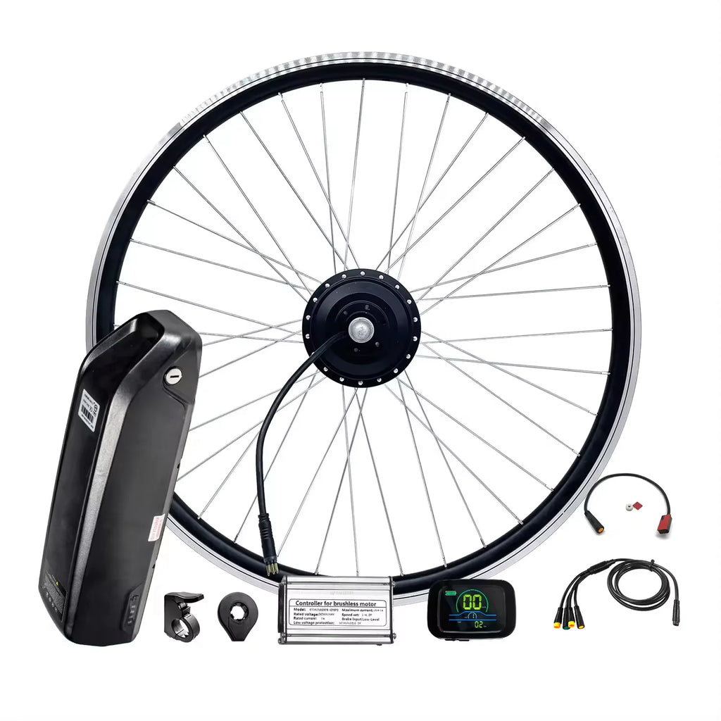 48V electric bike conversion kit featuring a motor wheel, black battery pack, digital display, and controller.