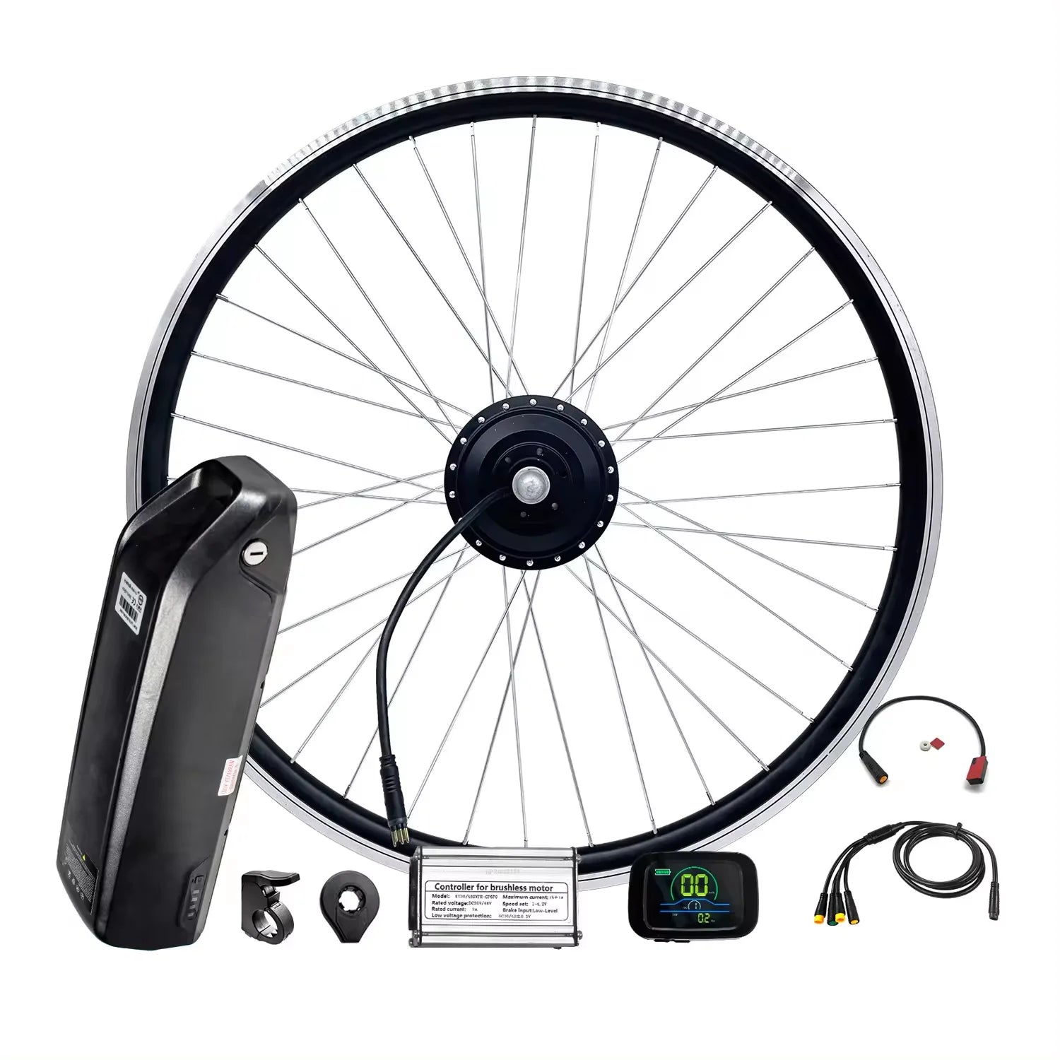 48V electric bike conversion kit featuring a motor wheel, black battery pack, digital display, and controller.