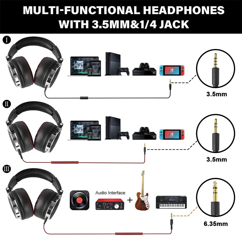 Black over-ear studio headphones with red stitching, featuring interchangeable 3.5mm and 6.35mm jack cables.
