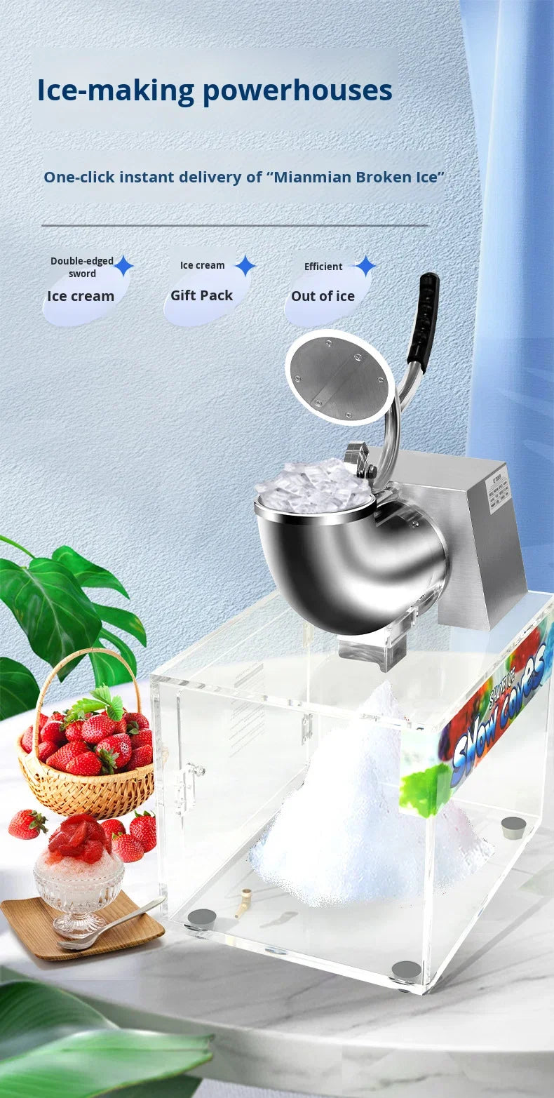 Stainless steel ice shaving machine with a clear acrylic display case for making snow cones, on a white table.