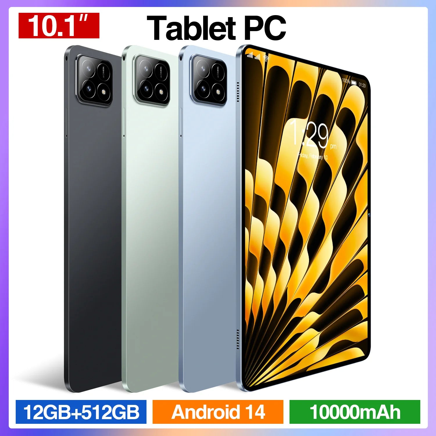 Three 10.1-inch Android 14 tablets in black, green, and blue, featuring a sleek design and vibrant display.