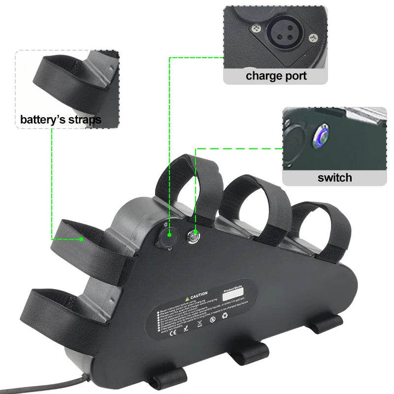 Black triangle e-bike battery pack with secure mounting straps, integrated charge port, and power switch.