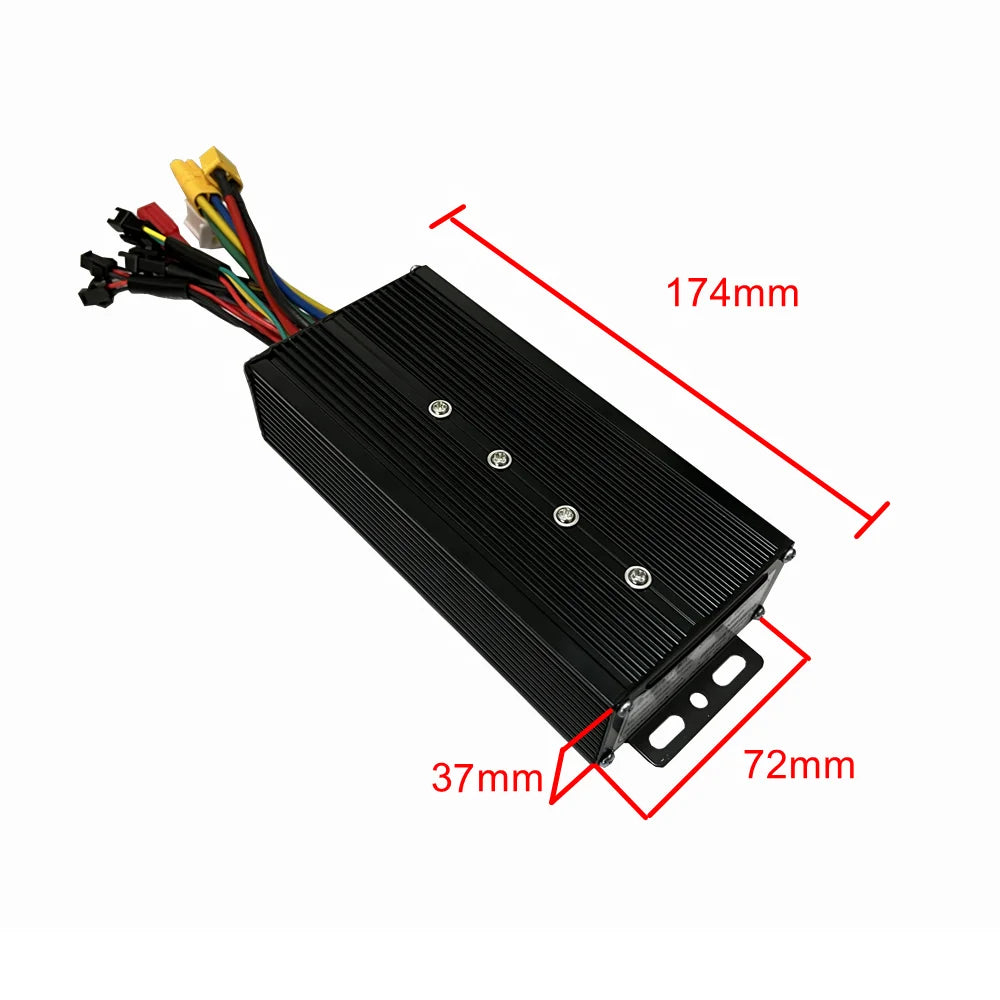 Black electric bike controller with colourful wiring harness, shown with 174mm x 72mm x 37mm dimensions.