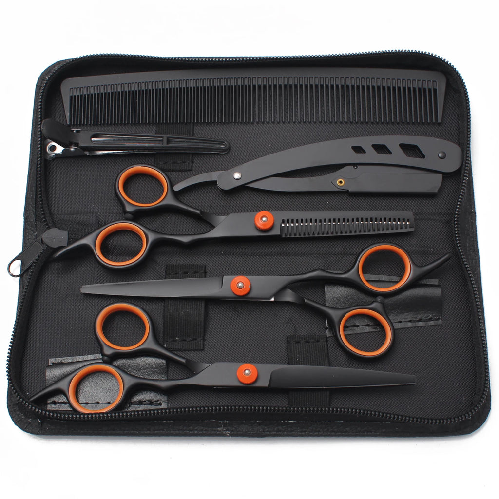 Professional hairdressing set with black stainless steel thinning scissors, cutting shears, razor, comb and clip in case.