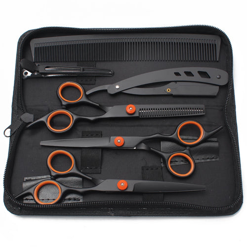 Professional hairdressing set with black stainless steel thinning scissors, cutting shears, razor, comb and clip in case.