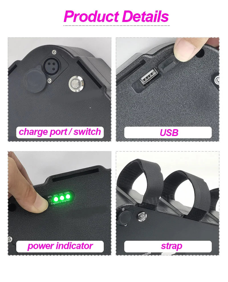 Black triangle e-bike battery with charge port, power switch, USB output, LED capacity indicator and mounting straps.