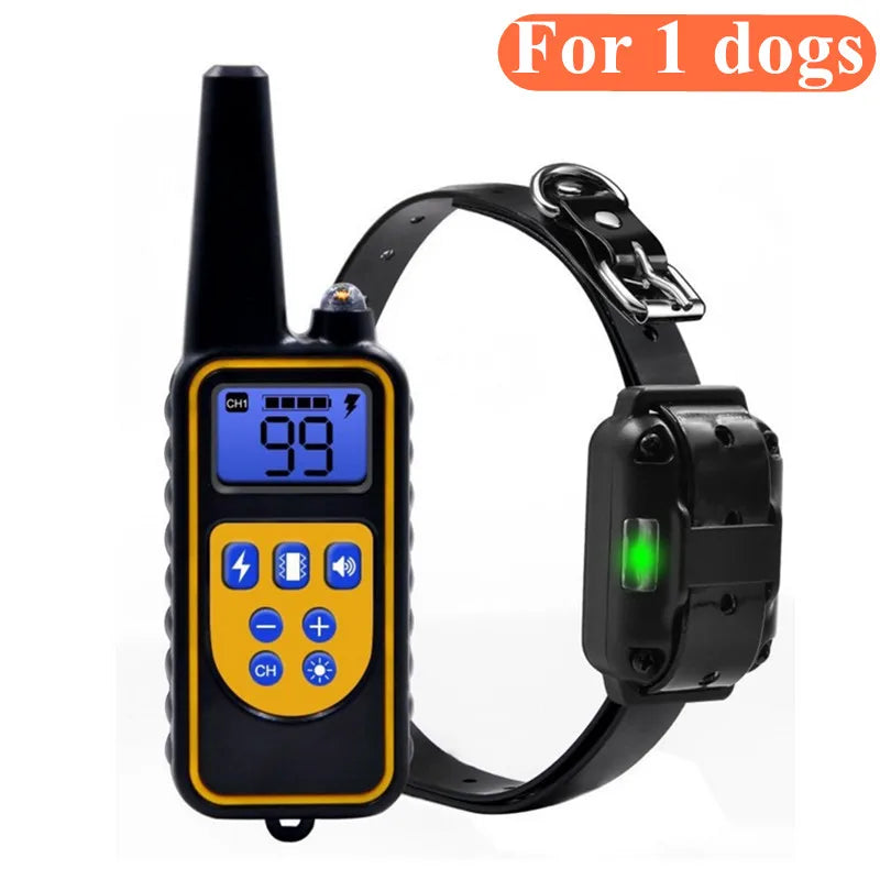 Rechargeable dog training collar and remote control with yellow panel, LCD screen, and black adjustable strap.