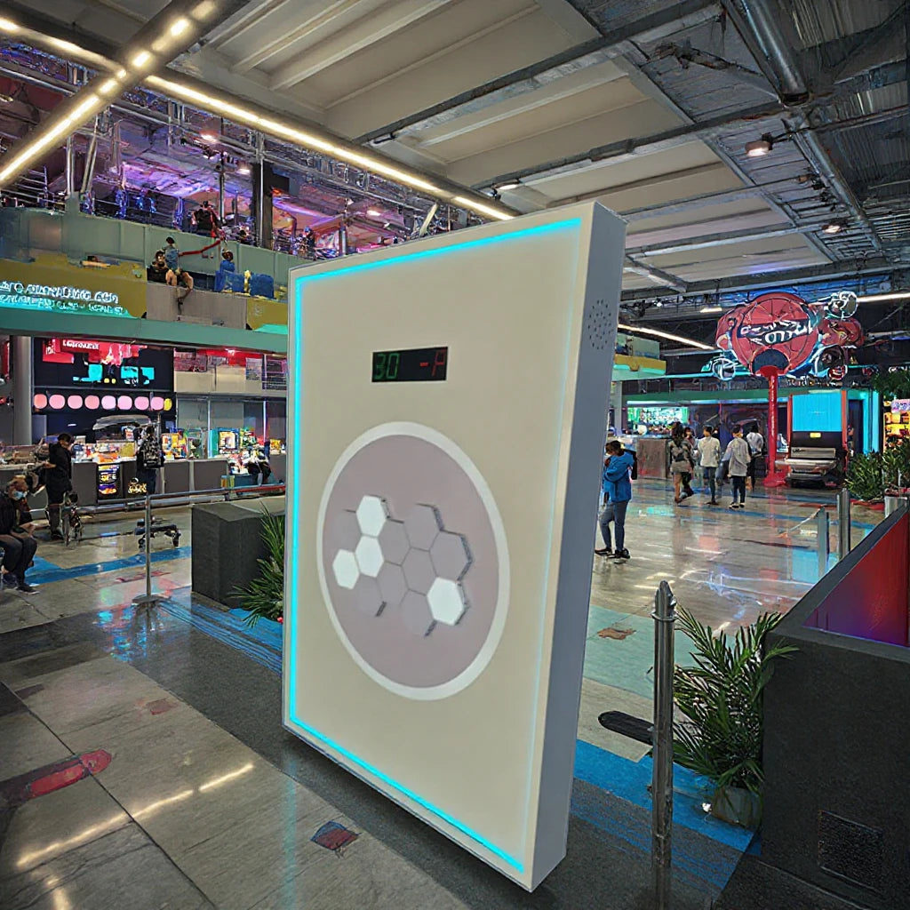 White, rectangular interactive music game featuring a central honeycomb light display and a digital score timer.