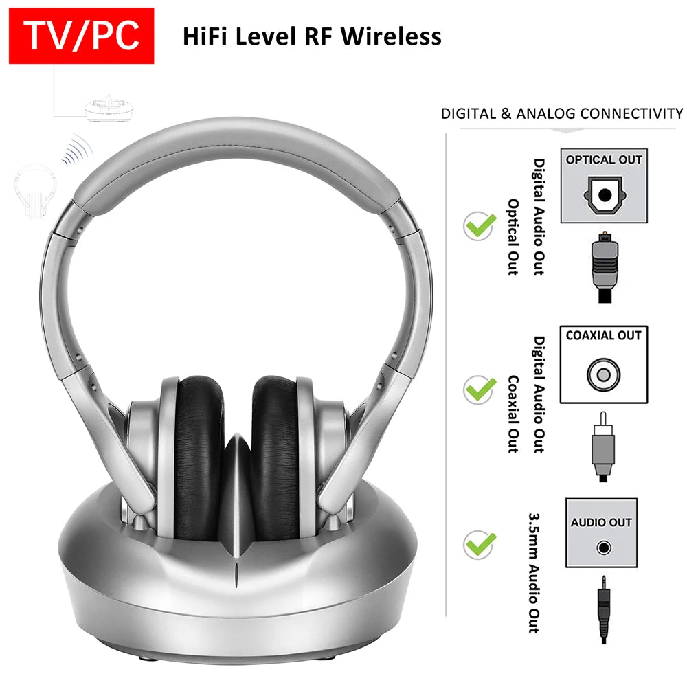 Silver wireless TV headphones on a charging dock, featuring optical, coaxial, and 3.5mm audio connectivity options.
