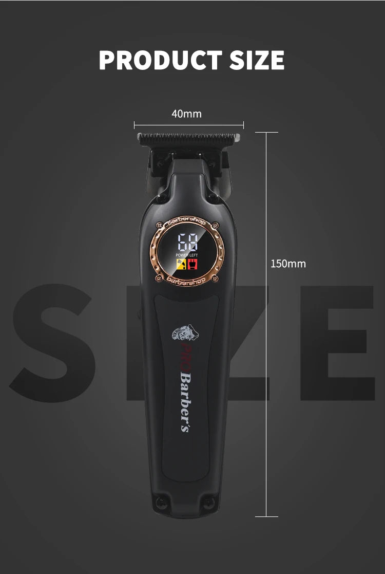 Professional black electric hair trimmer with bronze-rimmed LED display showing battery percentage. 150mm tall.