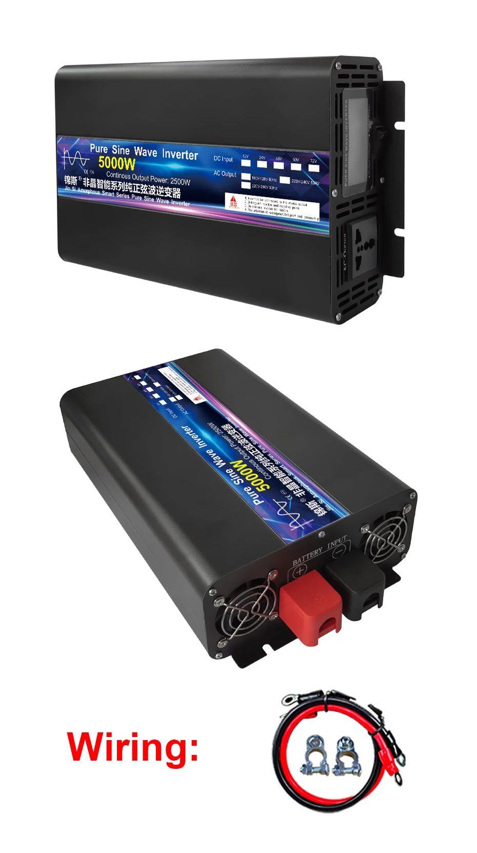 Black 5000W pure sine wave power inverter with digital display, AC socket, cooling fans, and included battery cables.