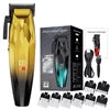 Gold and black cordless hair and beard trimmer with T-blade, charging cable, cleaning brush, and eight guide combs.