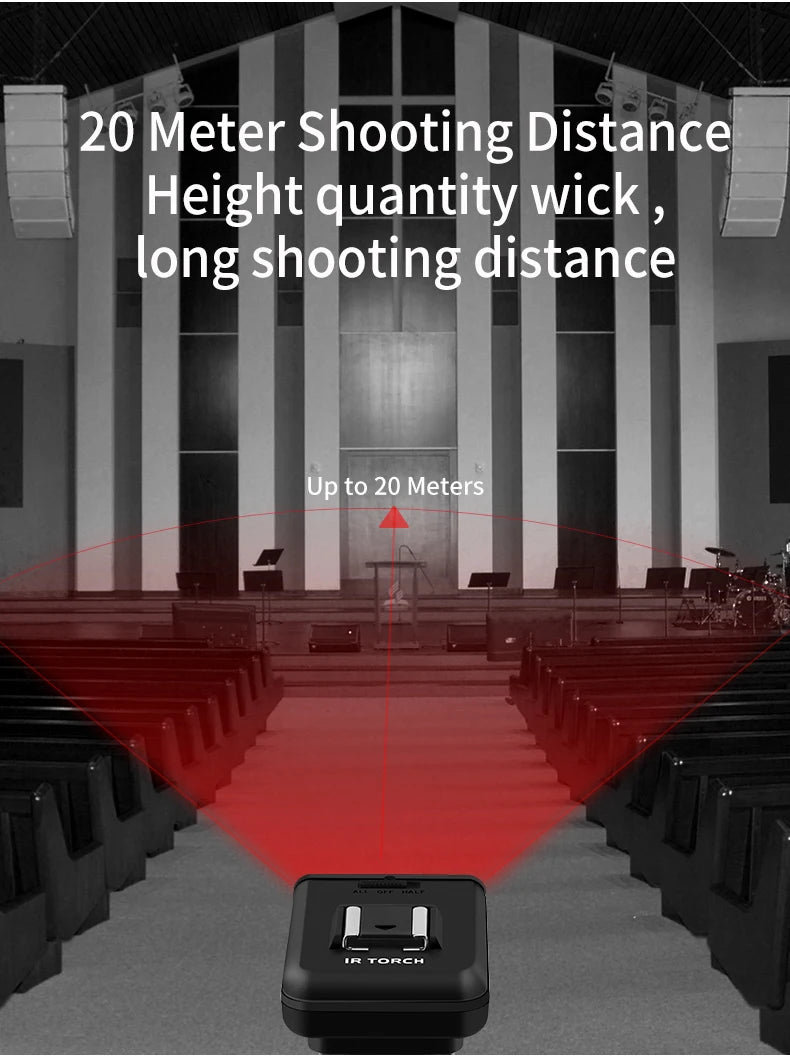 Black plastic IR torch with two-way switch, illustrating a 20-meter infrared light projection range.