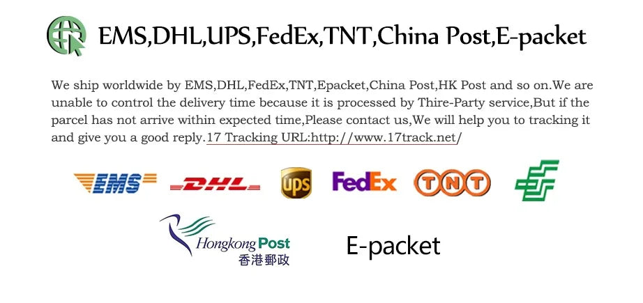 Shipping information graphic with various courier logos, text details on worldwide delivery, and tracking link.