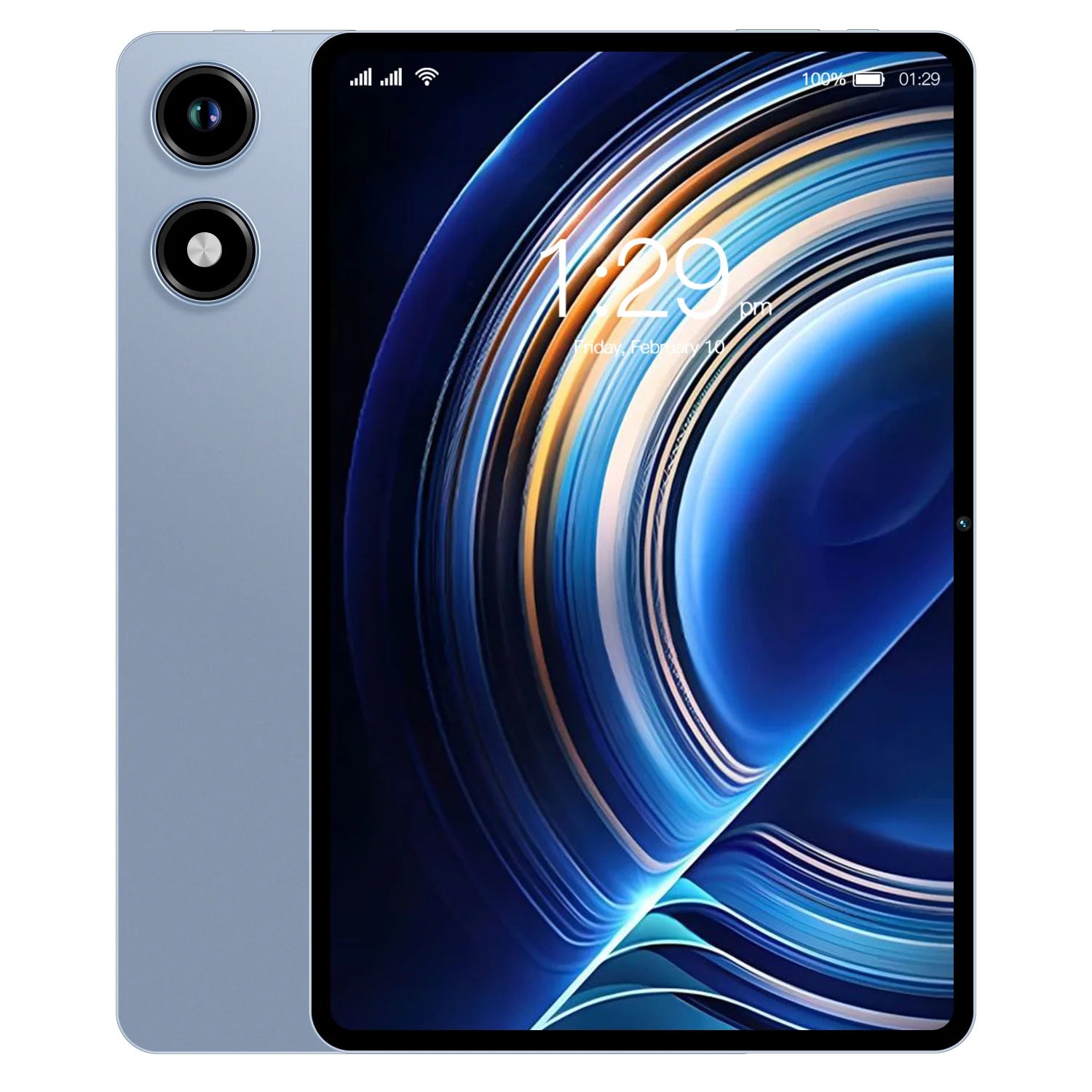 Light blue 10.1-inch Android tablet featuring a dual-lens rear camera and vibrant, abstract swirl screen wallpaper.