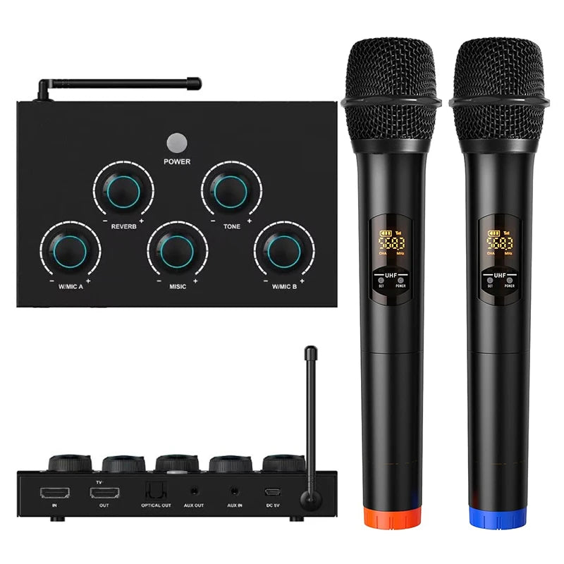 Wireless karaoke set with two black microphones and a compact audio mixer featuring volume and reverb control dials.