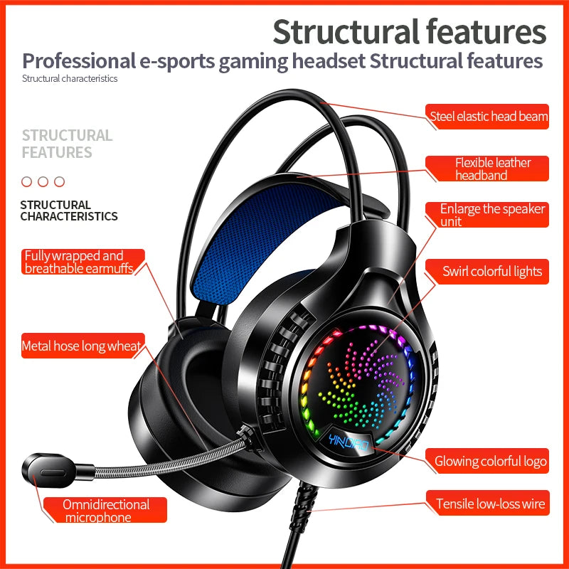 Black gaming headset with blue accents, RGB lighting, and an omnidirectional microphone on a flexible boom arm.