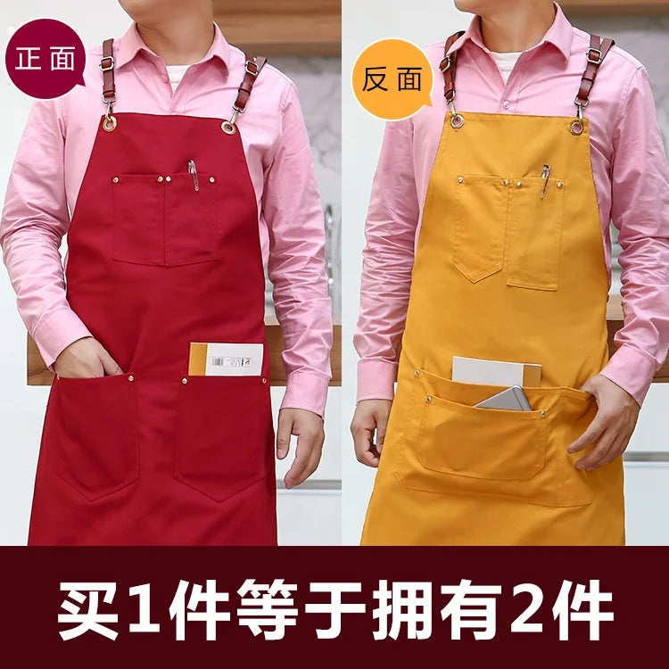 Red and mustard yellow durable canvas work aprons featuring multiple storage pockets and adjustable leather straps.