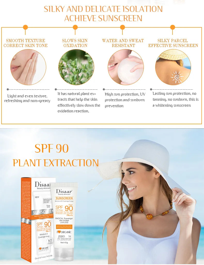 SPF 90 sunscreen cream with plant extracts, offering water-resistant, non-greasy UV protection in a 40g tube.