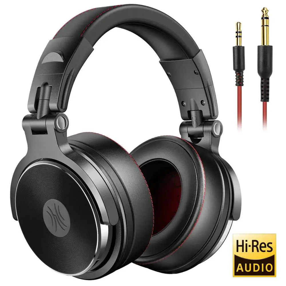 Black over-ear studio headphones with red stitching, foldable design, and two gold-plated audio jacks.