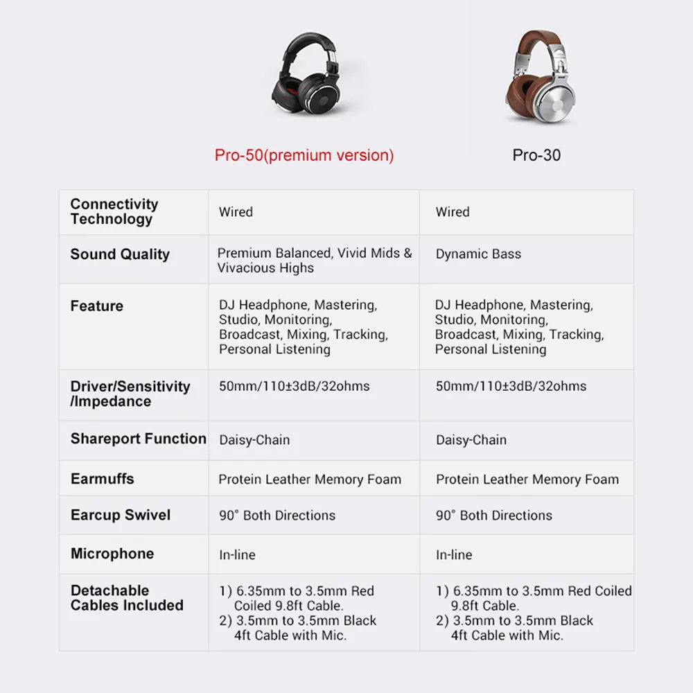 Two over-ear wired studio headphones: one in all-black and one in silver with brown leather-look headband and earcups.