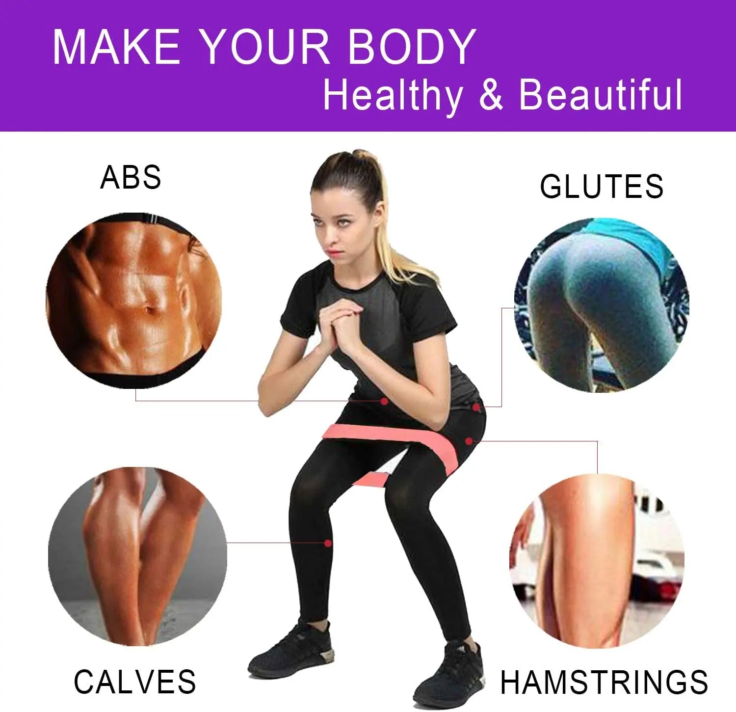 Woman demonstrating a squat with a pink resistance band, with insets showing target muscle groups: abs, glutes, calves.