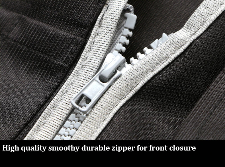 Close-up of a durable, grey zip fastening on a black hi-vis safety work vest.