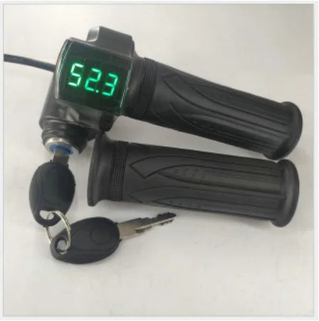 Black e-bike twist throttle grips with green digital voltage display and integrated key ignition lock.