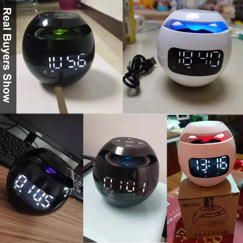 Round, ball-shaped Bluetooth speakers with digital LED alarm clocks, available in black, white, and pink.