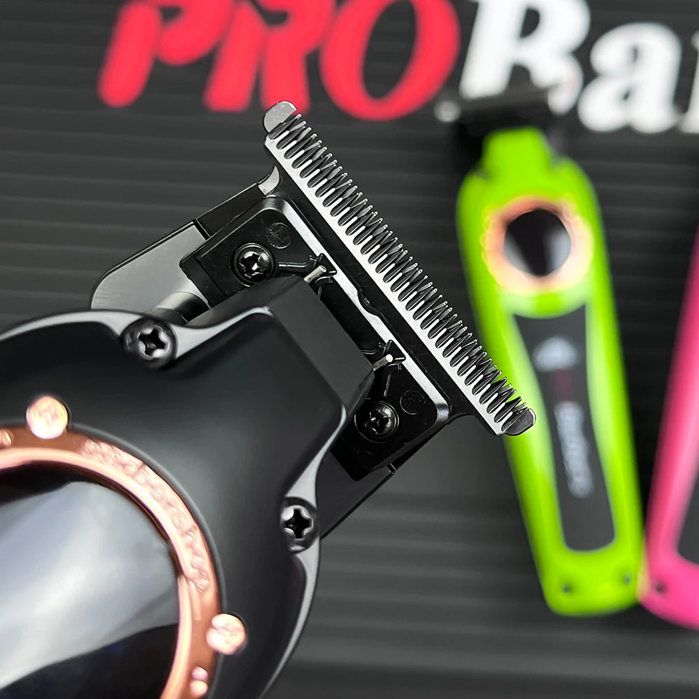 Close-up of a professional black electric hair trimmer with a gold-accented LED display and precise metal blades.