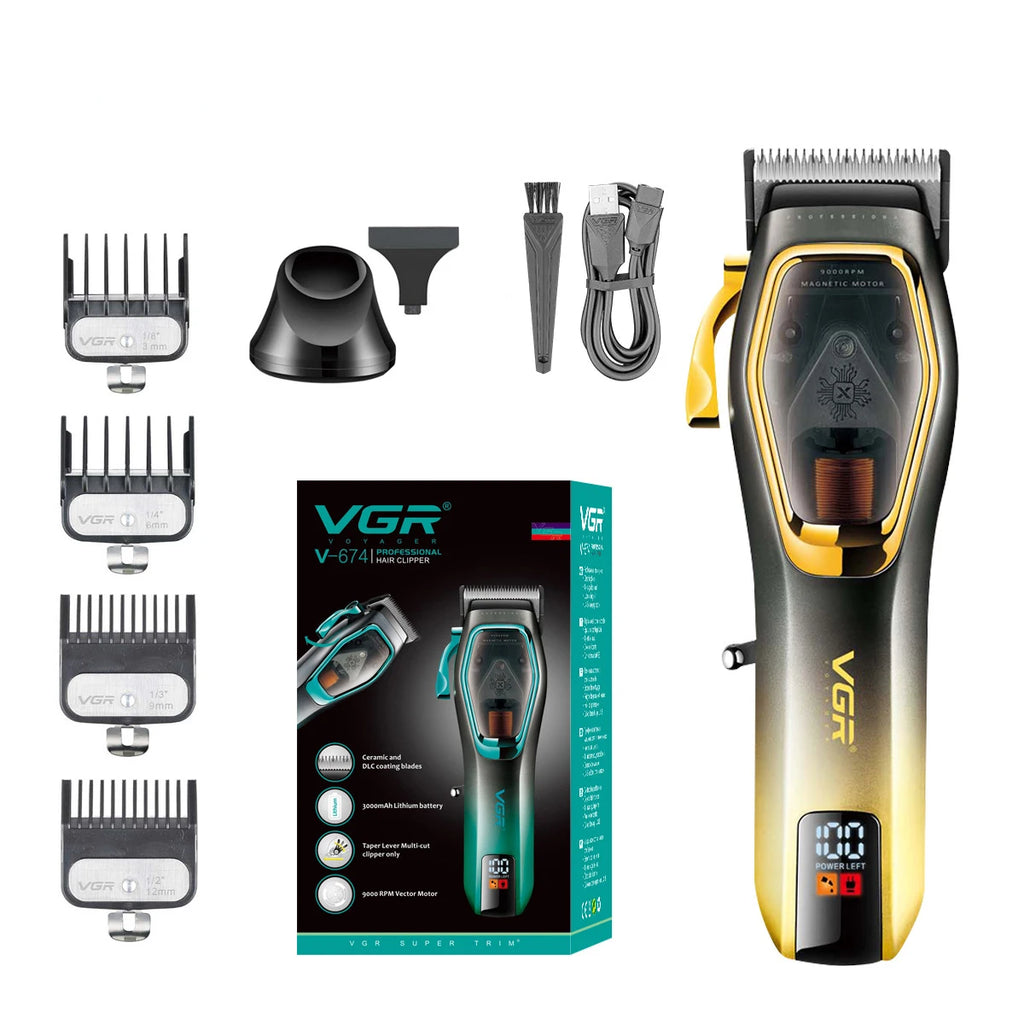 Professional cordless hair clipper in a gold and charcoal finish with LED display, charging accessories and four guards.