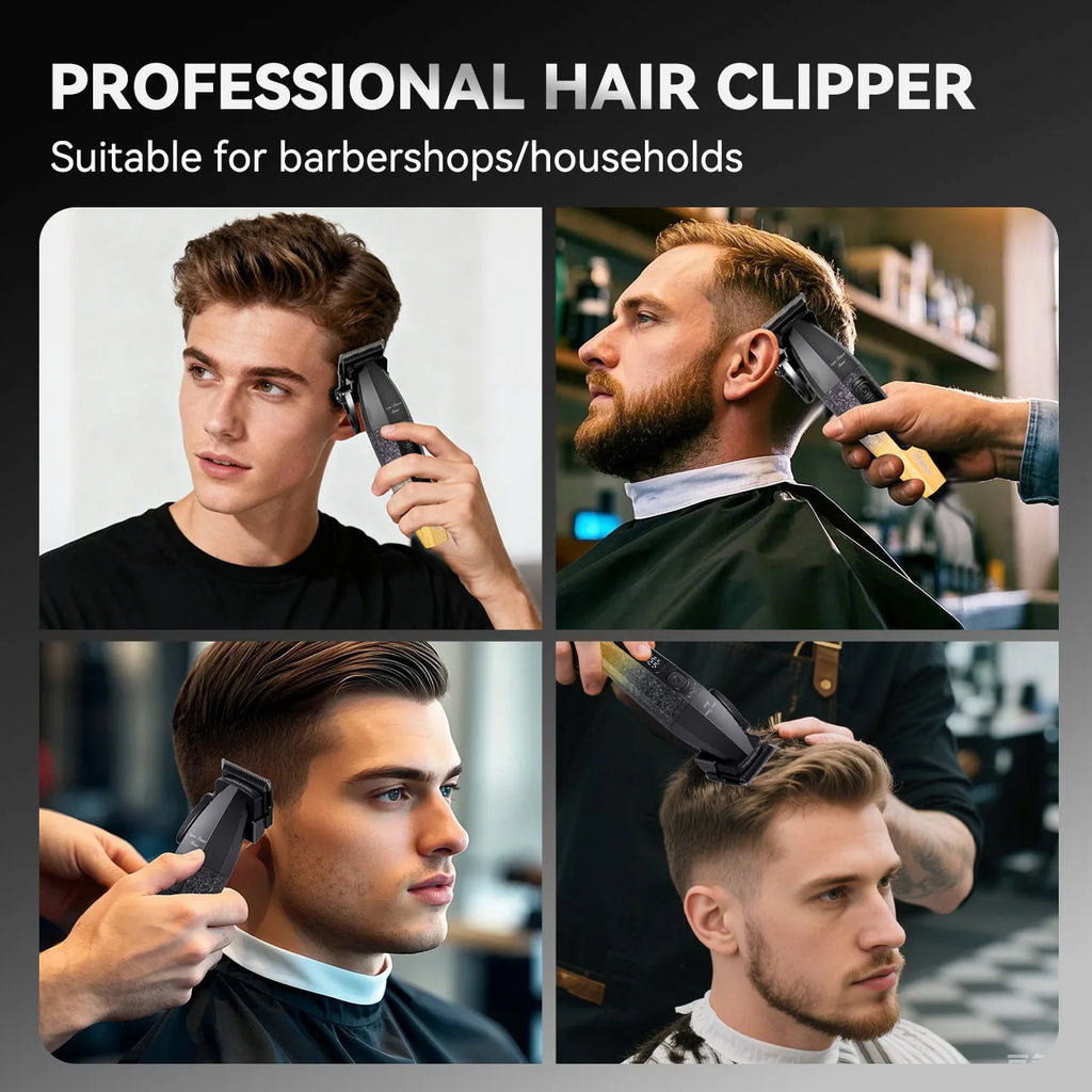 Professional electric hair clipper with an ergonomic black and gold ombre design, shown in use for precision trimming.