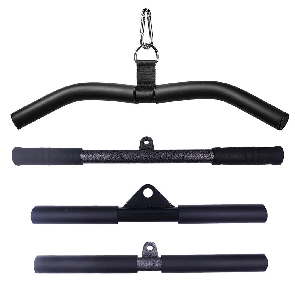 Four black gym cable machine attachments, including a lat pulldown bar and three straight pull bars with center rings.