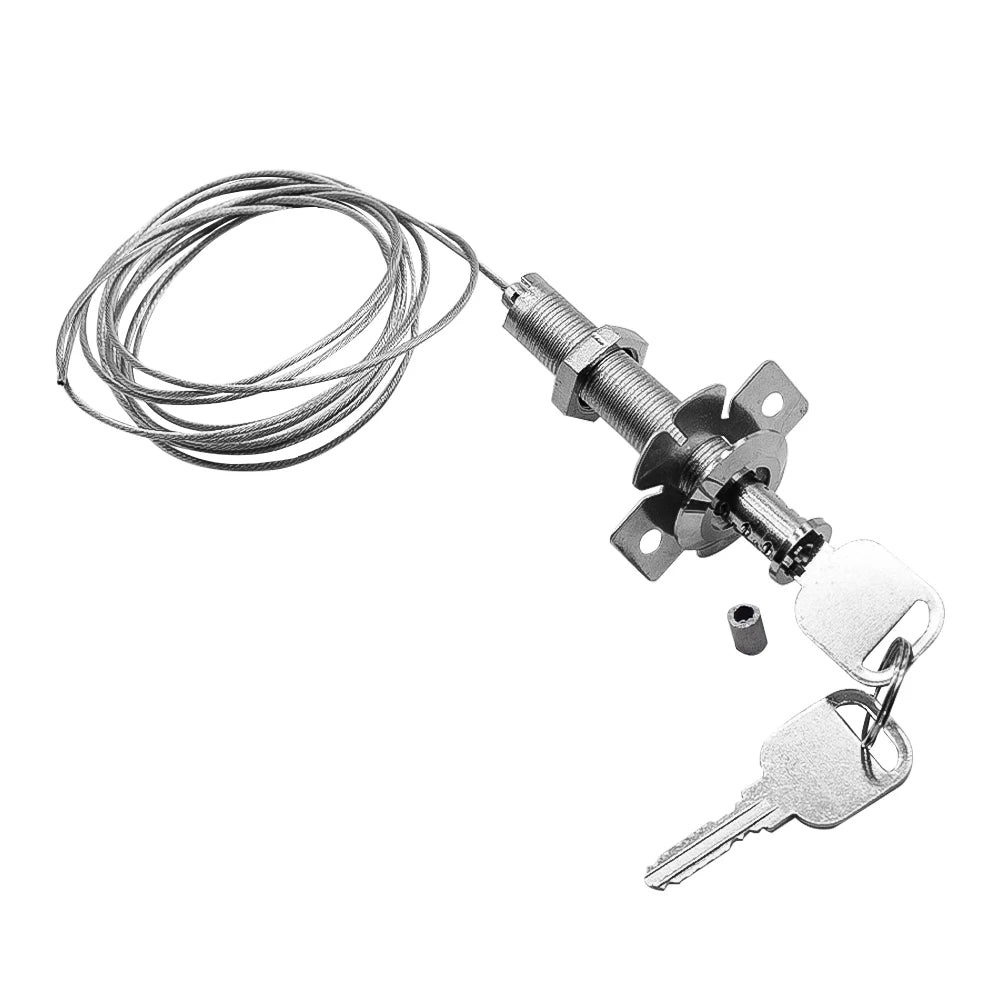 Silver steel cable lock with threaded bolt, mounting plate, and a key, isolated on a white background.