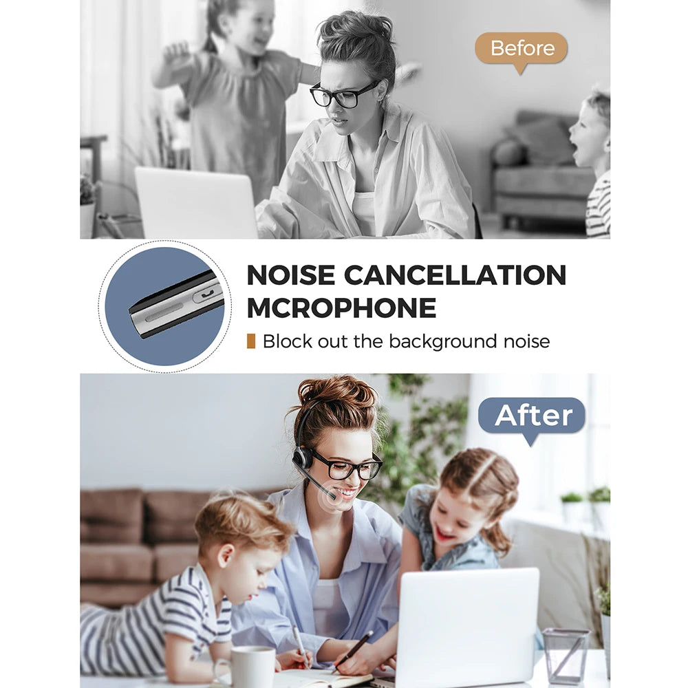 Black wireless Bluetooth headset with a noise-cancelling microphone, showing a mother working peacefully with children.