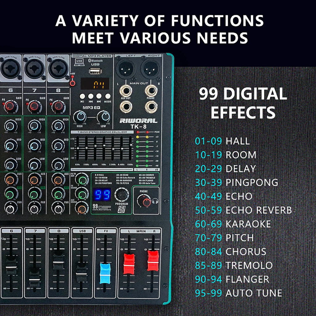 Black 6-channel audio mixer with USB, Bluetooth, 99 digital effects, 7-band equaliser, and coloured slider faders.