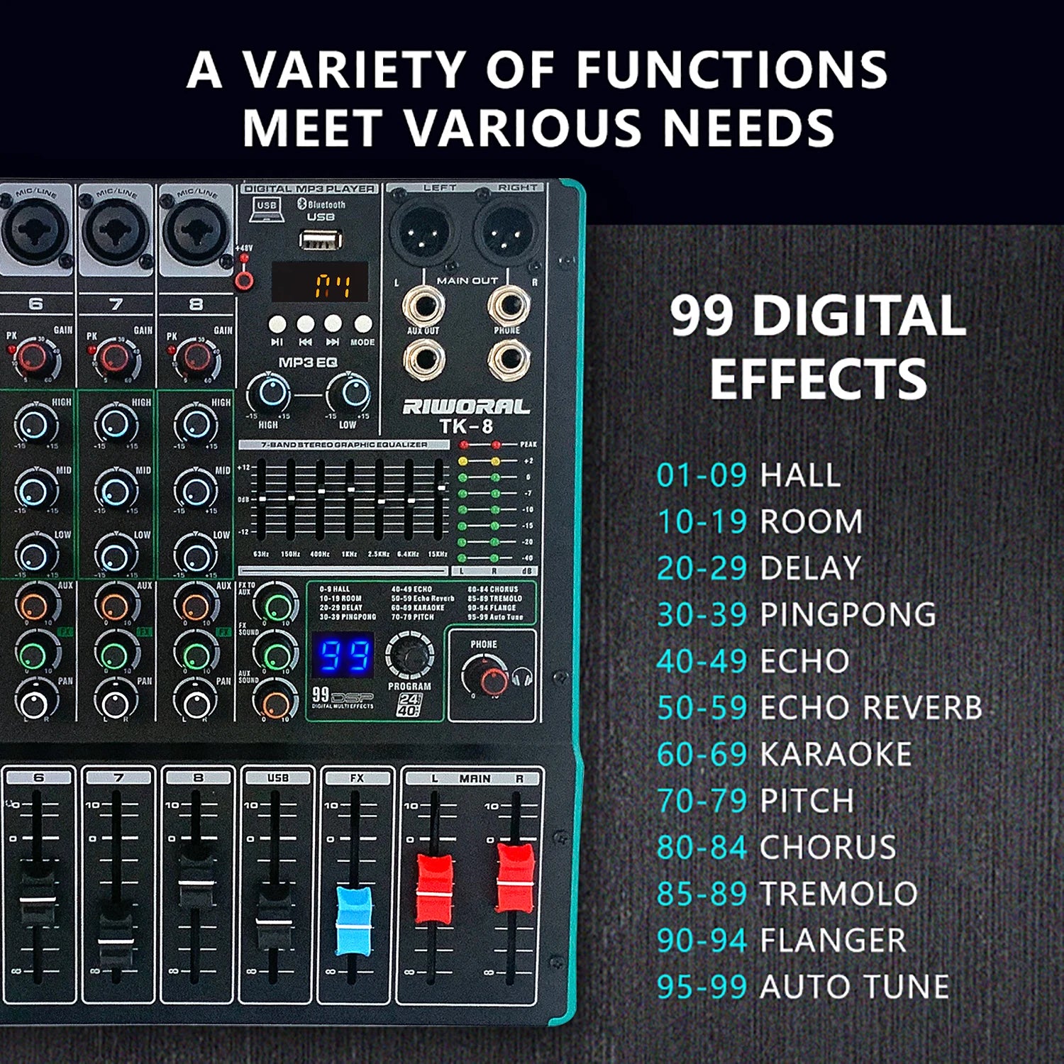 Black 6-channel audio mixer with USB, Bluetooth, 99 digital effects, 7-band equaliser, and coloured slider faders.