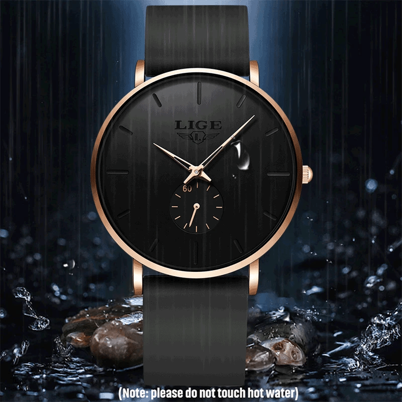 LIGE ultra-thin men's quartz watch with round black dial, rose gold case, and black strap in rain.