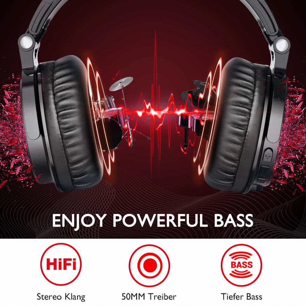 Black wireless over-ear headphones with plush ear cushions and sound wave graphics against a deep red background.