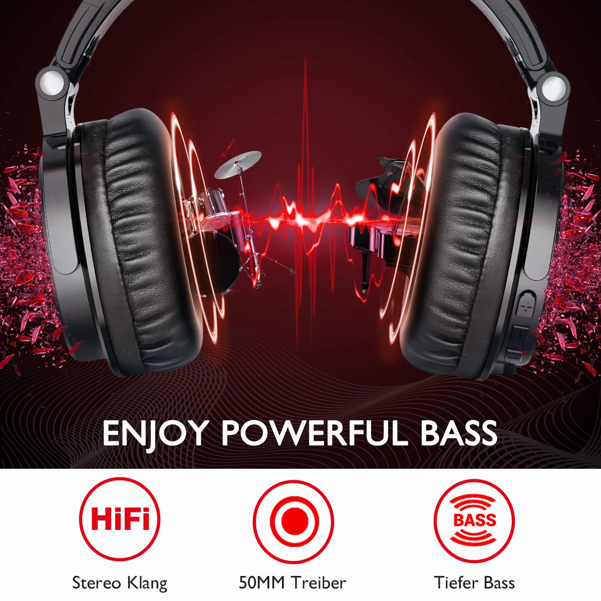 Black wireless over-ear headphones with plush ear cushions and sound wave graphics against a deep red background.