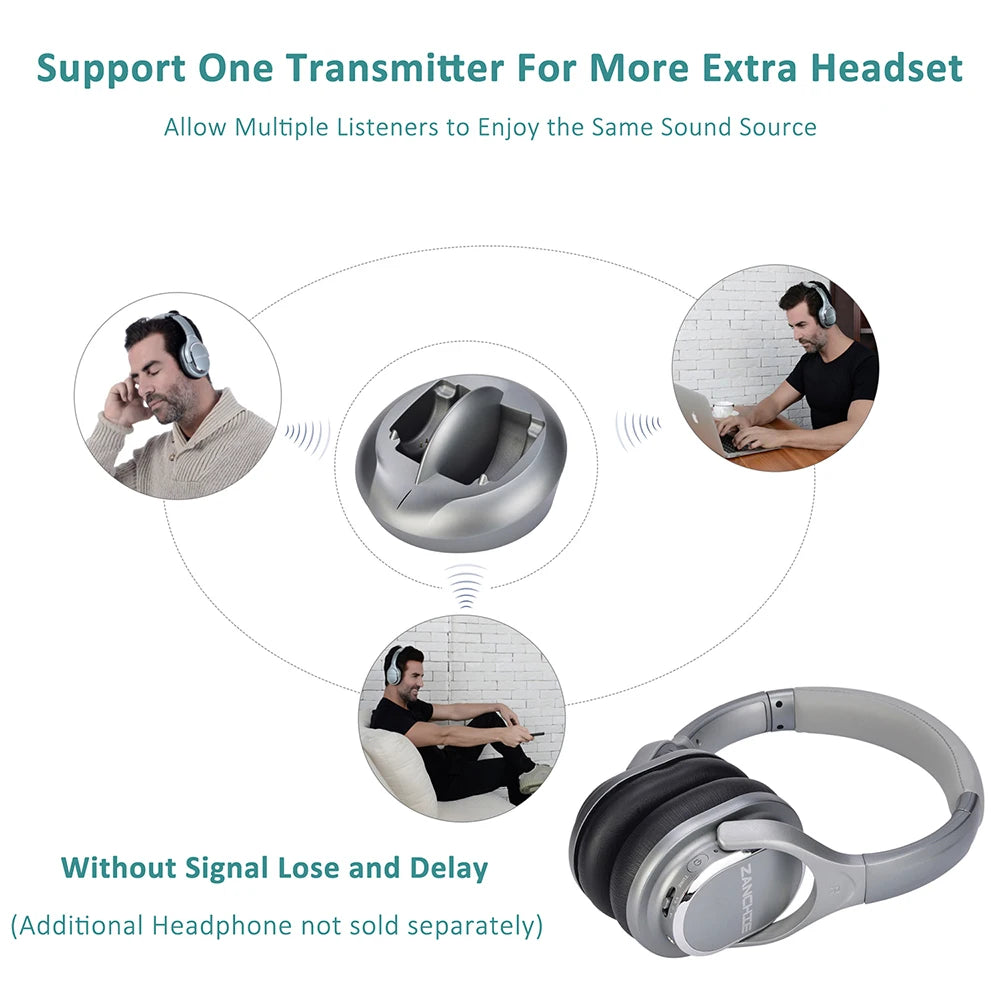Silver wireless over-ear headphones with a charging transmitter, shown connecting to multiple users for lag-free audio.