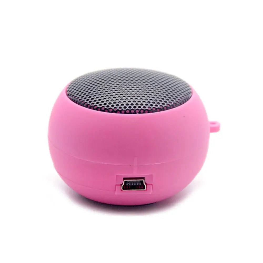 Small, round pink portable wireless speaker with a black metal grille and a micro-USB charging port.