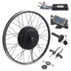 Electric bike conversion kit featuring a black hub motor wheel, controller, LCD display, throttle, and brake levers.