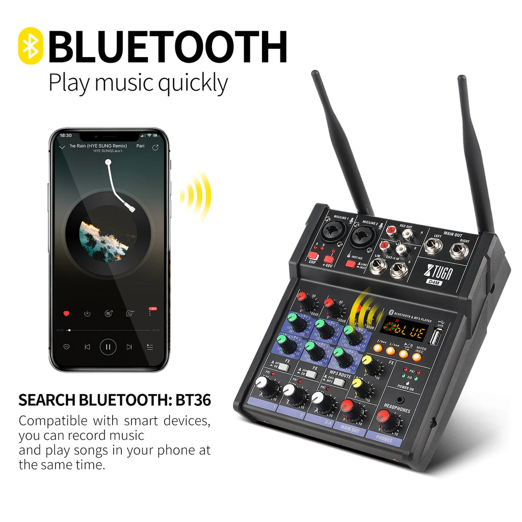 Black 4-channel audio mixer with antennas, rotary control knobs, and Bluetooth connectivity for smartphone streaming.