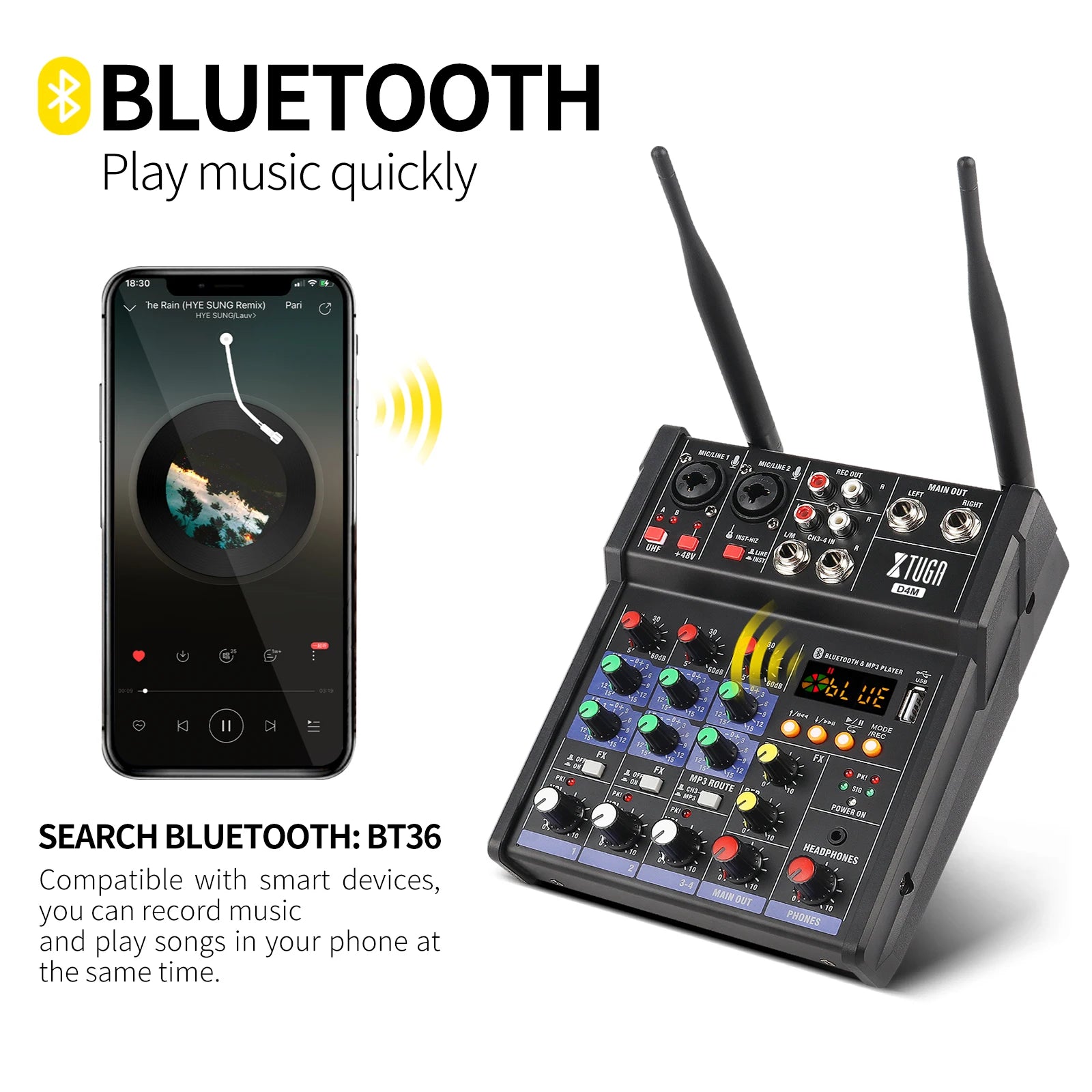Black 4-channel audio mixer with antennas, rotary control knobs, and Bluetooth connectivity for smartphone streaming.
