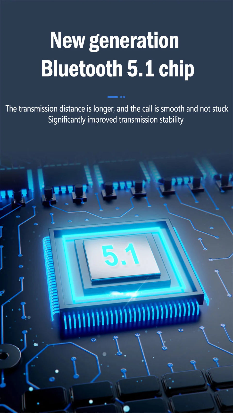 A close-up of a blue electronic circuit board highlighting a square microchip labelled '5.1' in glowing light.