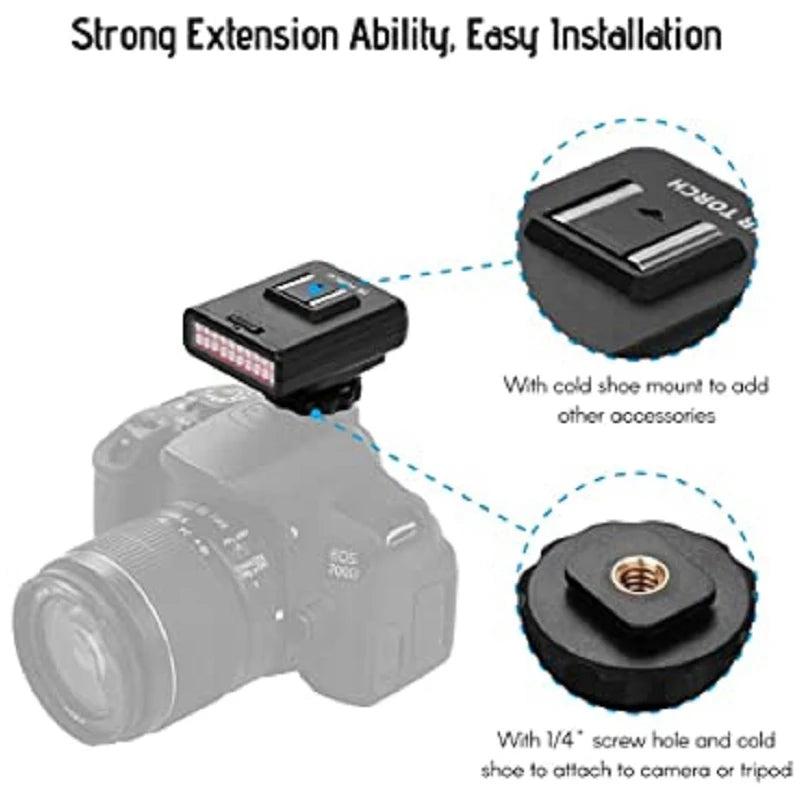Black plastic LED camera light with cold shoe mount, 1/4-inch screw hole, and top accessory attachment point.